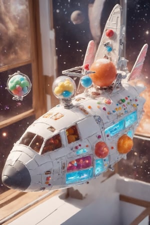 "Generate an image of a spacecraft crafted entirely from confections. Envision a whimsical spaceship with a licorice fuselage, candy cane boosters, and marshmallow portholes. Picture jellybean navigation panels, chocolate wafer wings, and a gummy bear command center. The scene should convey a delightful blend of futuristic design and sugary charm, evoking a sense of adventure and playfulness. Emphasize the vibrant colors, creative use of sweets for technical elements, and the overall confectionery allure to create a visually appealing and delicious intergalactic vessel.",Starship
