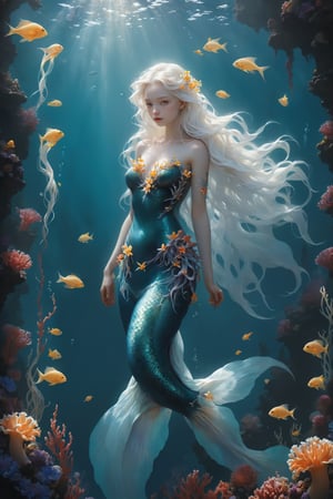1 girl,In the depths of the ocean, a delicate and ethereal albino mermaid glides gracefully through the azure waters. Her translucent fins shimmer with iridescence as she navigates through a forest of sea anemones, their vibrant tentacles swaying like blossoms in the gentle current. Despite her otherworldly beauty, there's a sense of melancholy about her, as if she's forever searching for something just beyond her reach in the endless expanse of the sea.,underwater,ct-niji2,Flower queen