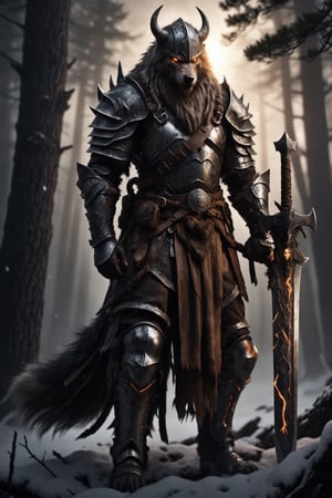 Werewolf warrior in Viking attire, massive greatsword resting on shoulder, fur-trimmed leather armor, Norse runes on blade, standing amidst ancient pine forest, misty atmosphere, moonlight filtering through branches, glowing amber eyes, wolf-like features, battle-scarred, muscular physique, braided beard, iron helmet with horns, snow-covered ground, distant howling, photorealistic style, dramatic lighting,LegendDarkFantasy,kawaii knight,cyborg,royal knight