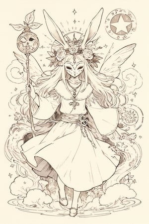 fairy tale illustrations,Simple minimum art, 
myths of another world,
pagan style graffiti art, aesthetic, sepia, ancient Russia,
A female shaman,(wearing a rabbit-faced mask),
