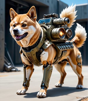Extreme detailed,ultra Realistic,futuristic,
A Shiba Inu with a high-tech Gatling gun on its back,Solo,1
Dog,large Gatling gun,fire,high-tech cybernetics Dog,four legs,
ULTRA Real,Realistic dog,military,monster