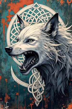 A detailed illustration of a snarling wolf head with its mouth wide open, showing sharp teeth. The wolf's fur is rendered in intricate black and white pen strokes. Behind the wolf's head is an elaborate Celtic knot design in white, intertwining in complex patterns. The background is a textured blend of deep teal blue at the bottom, transitioning to rusty reds and oranges at the top, giving an aged, weathered look. IThe image has a grungy, vintage feel with high contrast between the detailed line work and the muted, textured background. Hyper-realistic details, 8K resolution, dark fantasy,surrealportraits