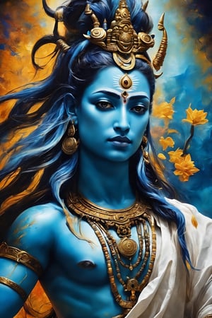 (best quality, 8K, highres, masterpiece), ultra-detailed, (photorealistic, cinematic),  Powerful action painting,Lord Shiva, the Hindu Male god, with blue skin, capturing the divine and transcendent essence. Picture the powerful and serene depiction of Shiva adorned with traditional symbols, like the third eye, matted hair, and a crescent moon. Emphasize the divine aura surrounding Shiva while showcasing the unique aspect of blue skin,LegendDarkFantasy,Oil painting of Mona Lisa 
