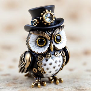 Realistic cute owl,With expressive eyes, this adorable owl exudes whimsical charm, Its plumage features intricate mechanical details, while a miniature top hat atop its head adds a fashionable touch,Despite its steampunk embellishments, the owl retains its signature cuteness,Owl