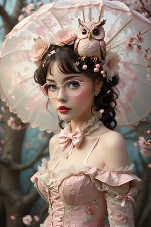Anthropomorphic owl in sleeveless, off-shoulder pink Lolita fashion. Ruffled bodice with sweetheart neckline, adorned with bows and lace. Voluminous skirt with petticoat, decorated with delicate floral patterns. Owl's natural feathers seamlessly blending into fabric. Large, expressive eyes behind ornate glasses. Tiny top hat perched askew. Holding lace parasol. Soft, pastel background with cherry blossoms. Whimsical blend of avian features and kawaii Lolita style. Fairytale-like atmosphere