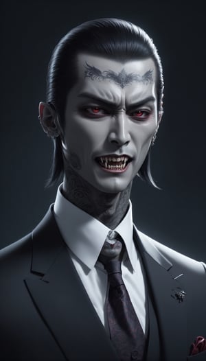 "Visualize a vampire exuding the aura of a Yakuza boss, blending the elegance of the undead with the ruthless demeanor of a Japanese underworld figure. Clad in sleek, tailored suits adorned with intricate tattoos, this vampire commands respect and fear alike. His pale complexion and piercing gaze hint at his supernatural nature, while the traditional Yakuza symbols woven into his attire pay homage to his roots. With each step, he exudes an air of authority and danger, embodying the perfect fusion of vampiric allure and Yakuza sophistication."