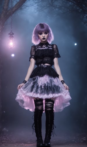 photorealistic concept art, 1girl,nordic Young girl,
Fairy Grunge Fashion Girl,Grunge-Lolita  Fashion, A pixie-cut hair, 
torn girly pastel lace blouse,combat boots,The ethereal glow, metallic accessories, and moody atmosphere create a mystical aura,
Damaged Gothic Lolita long Skirt,lace Skirt,runge elements, her look exudes dark glamour,natural volumetric cinematic perfect light,pastelbg,pastel goth