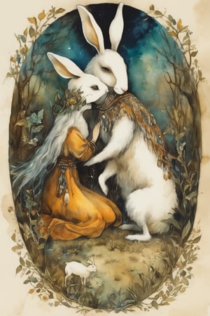 fairy tale illustrations,Simple minimum art, 
myths of another world,
pagan style graffiti art, aesthetic, sepia, ancient Russia,(holy bard),
A female shaman,(wearing a rabbit-faced mask),nodf_xl, in the style of esao andrews,rabbit kissing sheep,
watercolor \(medium\),jewel pet