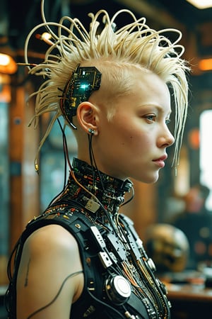 striking cyberpunk Style art,albino female Neuromancer,
plugs in her head in the shape of a Mohawk hair, many wires coming from her head,sitting at barroom, 
breathtaking, masterpiece,cyborg