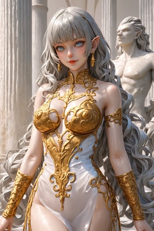 Demonic female face, gargoyle, golden and white porcelain woman, light gray and light gold style, intricate carving, realistic and highly detailed statue, cinematic lighting,glass shiny style,patina metal skin
