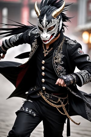 kung fu Punk,1man,a piece of gothic China-punk style art featuring a figure in an excessively decorated Kung Fu outfit. The outfit blends traditional Chinese elements with gothic and punk aesthetics, using dark, rich fabrics, intricate embroidery, metal spikes, chains, and lace accents,(wears a striking dragon mask), combining fierce dragon elegance with dark, ornate patterns.,action shot
