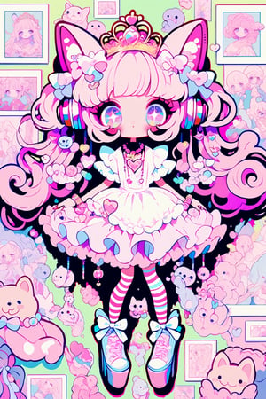 1girl ,vtuber anime character design,love peace ice cream！,
An over-the-top maximalist Vtuber character in hyper-decorative pink Lolita fashion. Her anime-style face features enormous, sparkling eyes in gradient pastel colors, framed by impossibly long eyelashes. Her multi-layered hair cascades in a riot of pastel pinks, purples, and blues, adorned with an excess of bows, flowers, and glittering accessories. She wears a frilly, cupcake-shaped dress in various shades of pink, covered in lace, ribbons, and ruffles. The dress is further embellished with candy motifs, stuffed animals, and miniature tea sets. Multiple petticoats peek out from beneath, each a different shade of pink. She sports striped stockings and platform shoes with heart-shaped buckles, Numerous bracelets, rings, and necklaces adorn her, along with a tiara and cat-ear headphones, background is a dizzying collage of pastel colors,anime style,anime girl,future0615