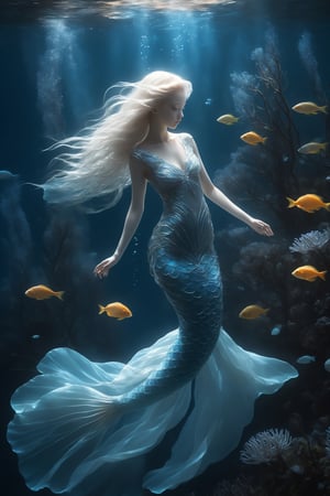1 girl,In the depths of the ocean, a delicate and ethereal albino mermaid glides gracefully through the azure waters. Her translucent fins shimmer with iridescence as she navigates through a forest of sea anemones, their vibrant tentacles swaying like blossoms in the gentle current. Despite her otherworldly beauty, there's a sense of melancholy about her, as if she's forever searching for something just beyond her reach in the endless expanse of the sea.,underwater