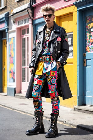 1 Englishman,solo,inspired by bold prints, exaggerated proportions, kitschy maximalism, punk rock fashion, oversized jackets adorned with patches, brightly colored leggings, statement accessories like chunky belts and embellished boots