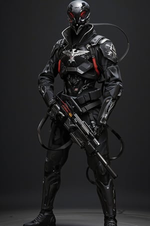 Hyper-realistic cyberpunk portrait,1man,Enemy design, advanced cyborg,sleek black military uniform with Nazi-inspired design,Rank insignia with hawk design,Holding Maschinengewehr 42,Mg42 heavy machine gun, long barrel machine gun,
black military boots,full body figure, intricate metal mask covering the entire face, cyber gas mask, red glowing eyes, dramatic lighting, highly detailed, 8k resolution, photorealistic, cinematic composition, visible cybernetic implants, futuristic technology, dark and gloomy atmosphere, sharp focus, high contrast, metallic textures, dystopian atmosphere, ultra-realistic rendering, volumetric lighting, ray tracing, depth of field,FluxPatt3rns,Capullo,ct-identityV2,mecha armour,hanxhelm,Esuthio