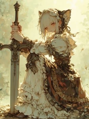 a beautiful young woman in a crouching pose, wearing an elegant brown and cream lolita dress with intricate frills and lace details. Her pure white hair falls gracefully around her delicate face. She holds a long sword planted firmly into the ground, both hands resting on its pommel. The dress features multiple layers with white ruffled underskirts, detailed trimming, and a cat-eared hood adorned with pearls. The sleeves are puffy with white fabric and detailed cuffs. She is positioned in a natural setting with soft sunlight filtering through foliage, creating a dreamy atmosphere. Her pose suggests both grace and strength, while her expression remains serene yet determined. The sword appears ceremonial yet battle-ready with detailed metalwork. Best quality, natural lighting, soft bokeh background, detailed fabric textures, photographic style, clear focus on the subject,fantasy girl