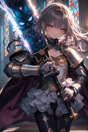 Anime-style illustration, one girl, a cute princess knight with a determined expression. She wields a huge, broad sword that is almost twice her height. The knight wears a delicate tiara adorning her long, flowing hair. Her armor is a mix of ornate plate mail and a frilly dress, balancing strength and femininity,
The blade of the giant sword is decorated with a double exposure of a goblin glaring with a terrifying face.
The princess knight stands in a heroic pose, her cape billowing dramatically. The background suggests a grand throne room with stained glass windows.
The lighting creates a soft glow around the character, emphasizing her determination and kindness. The sword glows with an otherworldly light,
Art style combines the vibrancy of modern anime with the elegance of classic fairy tale illustrations. Highly detailed 8K resolution with focus on the intricate armor design, expressive faces, and the seamless blend of the double exposure effect.,dal,Crystal Sword,Midjourney_Whisper,hanholo33,polishswordsman