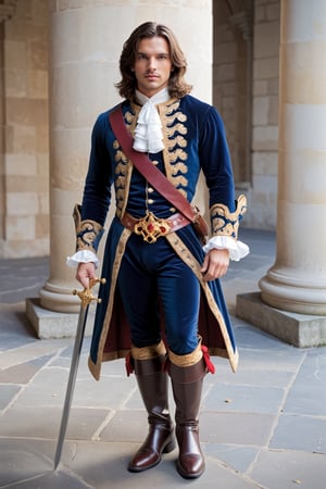 handsome french man, D'Artagnan,  the epitome of 17th-century French Musketeer fashion,  wears a deep blue,  velvet doublet adorned with elaborate gold embroidery, reflecting the opulence of the era,His white ruffled collar extends gracefully from beneath his steel cuirass,  and a burgundy sash cinches the ensemble,  bearing a silver-hilted rapier with a handguard intricately crafted in the shape of fleur-de-lis,His high leather boots feature gold trim,
,abmhandsomeguy