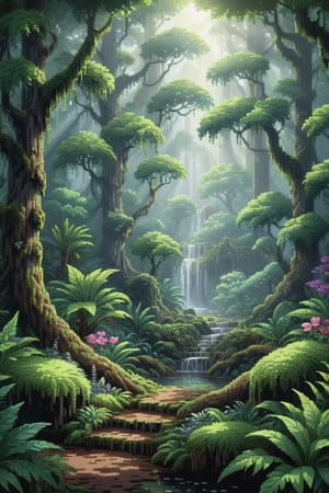 pixel art,
environment), (beautiful scenery,
Masterpiece, best quality, 8K, high res, ultra-detailed,  amongst lush greenery, adorned by vibrant flowers, no humans, beautiful view, ultra-detailed, fine detailed, highly detailed, intricate, highly detailed, ultra-detailed, scenery, no humans, misty atmosphere, solitary, intricate details, delicate features, verdant trees, soft moss, deep forest, intricate leaves and vines, wisps of light, verdant green,