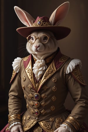 animal anthropomorphism Rabbit,(cowboy shot),Wearing luxury sack-back gown,Old-fashioned glasses, detailed and opulent description of a male aristocrat's sack-back gown in Rococo style, emphasizing luxurious fabrics, intricate embroidery, and ornate accessories,