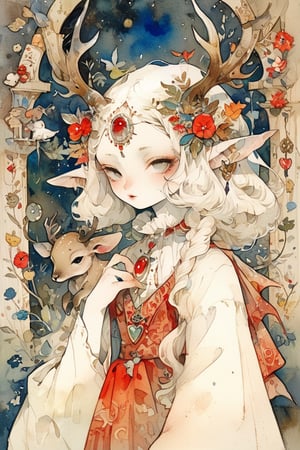 fairy tale illustrations,Simple minimum art, 
myths of another world,
pagan style graffiti art, aesthetic, sepia, ancient Russia,(holy bard),
A female shaman,albino demon girl,(Long deer horn:1.2),(wearing a rabbit-faced mask),nodf_xl, in the style of esao andrews,rabbit kissing sheep,
watercolor \(medium\),jewel pet