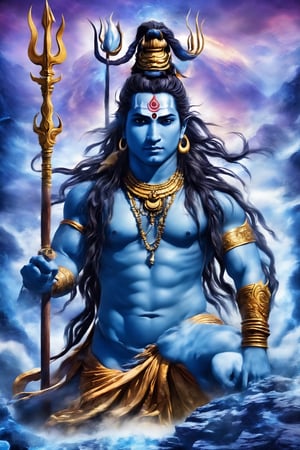 (best quality, 8K, highres, masterpiece), ultra-detailed, (photorealistic, cinematic),  Powerful action painting,Lord Shiva, the Hindu Male god, with blue skin, capturing the divine and transcendent essence. Picture the powerful and serene depiction of Shiva adorned with traditional symbols, third eye, matted hair,Emphasize the divine aura surrounding Shiva,LegendDarkFantasy,abmhandsomeguy