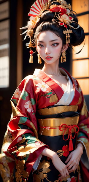 (RAW photo, best quality), (realistic, photo-Realistic:1.3),
stunning courtesan (oiran) in traditional Japanese attire, embodying the grace and beauty of a flower. Envision an intricately adorned kimono featuring vibrant and intricate floral patterns,The hairstyle should be an elaborate arrangement, perhaps with traditional kanzashi hair ornaments. Incorporate subtle makeup, delicate accessories, and a serene expression that captures the elegance associated with a flower courtesan,Ensure the backdrop reflects a refined, traditional setting, enhancing the overall aesthetic of this captivating,Oiran
