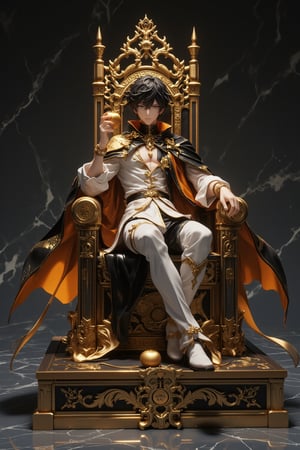 3D, Figure, Highly detailed anime figure, A young male character sits on a giant throne with glittering golden runes. Elegant white and black outfit with golden trim fits snugly to his body. Flowing cape, orange on the inside, dark messy hair, sharp features wearing a small crown. Attractive golden accessories, character lounging casually, holding a golden apple in one hand, figure on a square gold and black pedestal. Ultra-realistic texture, glossy finish. Crisp contrast of black, white and gold elements. Dramatic lighting enhances the 3D effect. Marble-like background. Professional product photography style, slightly angled view. Ultra-high resolution, cinematic color grading highlighting the gold and black colors. The scale figure is approximately 1/7 and highlights the exquisite craftsmanship.,lyh