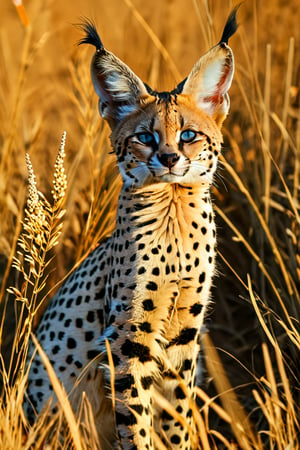 A serval cat standing alert in tall golden grass, bathed in warm sunlight. Its sleek coat shimmers with intricate black spots on a golden background. The cat's large ears are perked forward, and its long legs are poised for action. Soft bokeh effect in the foreground blurs some grass stalks. The afternoon sun casts a golden glow, creating subtle shadows and highlighting the serval's muscular form. Distant acacia trees dot the savanna horizon. The sky is a clear, soft blue with wispy clouds. A butterfly flutters near the serval's whiskers, adding a touch of whimsy to the scene.,realistic,photo,raw