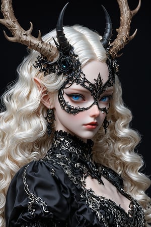 albino demon Princess,Beautiful blue eyes,(Long deer horn: 1.2),black metal mask with a geometric pattern,
dressed in a cyberpunk-inspired Rococo dress. The doll features intricate joints, allowing for lifelike poses. Her dress merges the ornate elegance of Rococo with futuristic cyber elements. The fabric is a mix of rich silks and metallic materials, adorned with elaborate lace and digital patterns that glow subtly, while the skirt flares out in layers, combining traditional Rococo volume with sleek, modern lines. Her hair is styled in a powdered wig, interwoven with fiber optic strands, ,