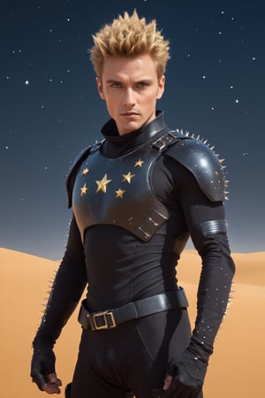 dune,1man, British male, exudes an air of mystery and danger, short spiky golden hair,((spiky punk hair)),slim body, athletic build,Clad in an all-black cyber suit, he holds a gleaming  short knife, showcasing his readiness for action,Against the backdrop of the desert, under a sky adorned with giant stars, 