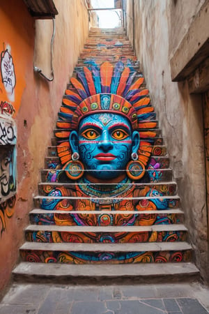 masterpiece, best quality, stair-art, stairs art, alleyway's exterior featuring a vivid representation of Tezcatlipoca,