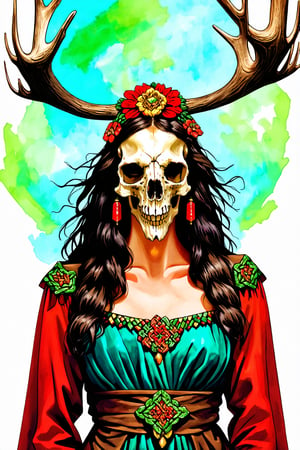 A shaman girl, with a large moose skull on her face, The strange decoration of dead branches, the mysterious and brightly colored Celtic shaman costume, and the girl is surrounded by a mysterious aura.,extremely detailed,watercolor \(medium\)