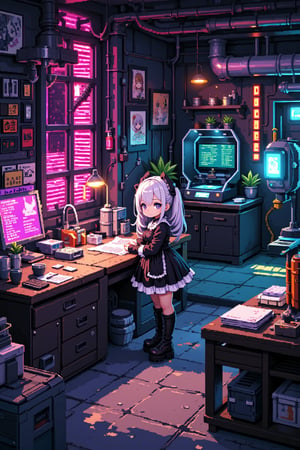 3D pixel art scene, isometric view. Anime-style characters and objects composed of colorful voxels. High contrast lighting with neon accents.

Focal point: Gothic Lolita girl working in a cyberpunk workshop.
- Girl: Black and white frilly dress, platform boots, twin-tails hairstyle
- Face: Large pixel eyes, rosy cheeks, small mouth
- Accessories: Pixel bow, chunky jewelry

Cyberpunk workshop details:
- Cluttered workbench with pixelated tools and gadgets
- Holographic screens displaying scrolling code
- 3D printer creating a glowing object
- Exposed neon tubes and cables on walls
- Floating robot assistant with pixelated emotes

Environmental elements:
- Steampunk-inspired gears and pipes in background
- Retro-futuristic computer terminals
- Voxel smoke or steam rising from machinery

Color palette: Deep purples, electric blues, neon pinks, and cyber greens against darker background

Lighting: Dramatic shadows and highlights emphasizing 3D nature of pixels
- Glow effects from screens and neon signs
- Reflection on metallic surfaces

Additional details:
- Pixelated posters of anime characters on walls
- Voxel cat familiar perched on a shelf
- Cubic plants in geometric planters

Animation suggestion (if applicable): Subtle pixel movements like blinking lights, rotating gears, or floating particles,Pixel Art,1girl