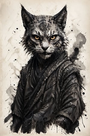 Elder Khajiit rendered in sumi-e style, fierce eyes, glaring intensely at viewer, face partially wrapped in tattered cloth, Bold, expressive brush strokes capturing fur texture and facial features. Dripping ink creating sense of gritty atmosphere. Minimalist background with ink splatters. Blend of traditional Japanese ink painting and dark urban aesthetic. Powerful contrast between black ink and white paper. Emanating aura of strength and defiance,ink