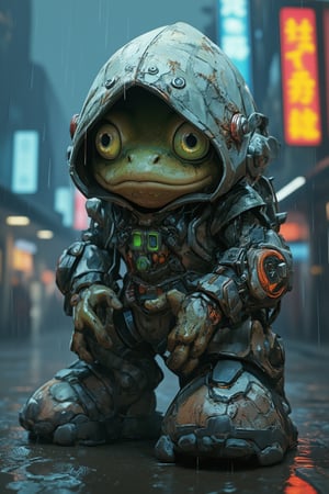 Anthropomorphic frog character in cyberpunk theme. Wearing a heavy, high-tech cyber suit with a large hood. Suit is weathered and grimy, with neon accents and exposed circuitry. Frog's face peering out from shadow of hood, with large, bioluminescent eyes. Moist, textured skin visible on face and hands. Chunky boots with hydraulic components. Neon-lit rainy cityscape in background. Photorealistic rendering with sci-fi elements. High detail, 8K resolution, dramatic lighting emphasizing the hood's shadow,lyh,Anime Style