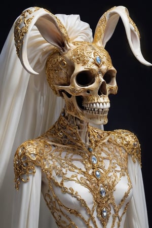  featuring a surreal and opulent display of a rabbit skull adorned with countless gold and diamond embellishments. Envision intricate patterns of gold filigree intertwined with sparkling diamonds, covering every curve and crevice of the skull. The eye sockets are filled with shimmering gemstones, casting a mesmerizing glow from within. Surrounding the adorned skull, visualize an aura of mystique and extravagance, with cascading silk drapes and flickering candlelight adding to the surreal ambiance. This juxtaposition of the delicate and the macabre creates a captivating and visually striking portrayal of luxury and extravagance.",glitt3r,art_booster