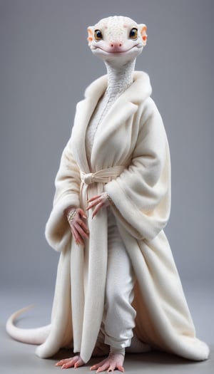 anthropomorphic representation of an albino female leopard gecko, elegantly adorned in a luxurious white fur coat, Envision her with features reminiscent of a gecko, dressed in opulent attire that complements her albino coloring. Picture her exuding a sense of sophistication and regality, blending the charm of a leopard gecko with the allure of high-end fashion,
,WEARING HAUTE_COUTURE DESIGNER DRESS