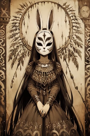 fairy tale illustrations,Simple minimum art, 
myths of another world,
pagan style graffiti art, aesthetic, sepia, ancient Russia,
A female shaman,(wearing a rabbit-faced mask),nodf_xl, in the style of esao andrews