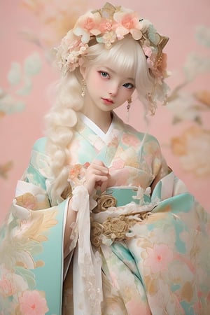 beauty albino fox girl, is adorned in a stunning fusion of Rococo and traditional Japanese fashion,Her kimono is intricately designed with elaborate Rococo patterns, featuring pastel hues and delicate floral motifs. The silhouette of the kimono is accentuated with layers of voluminous fabric, creating a regal and graceful appearance. Completing her ensemble, she wears accessories such as a decorative obi belt and elegant hair ornaments, all adorned with intricate Rococo details,ichika