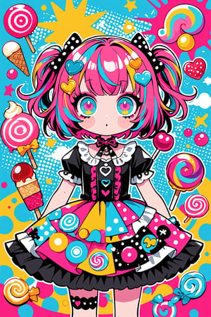 children's doodle style,
Colorful pop art, candy pop, lollipop punk, brightly colored berry beans, emo pink lolita girl,big Eyes,A dress made of jelly and ice cream,
 maximalism design,emo,dal-6 style,Color Splash
