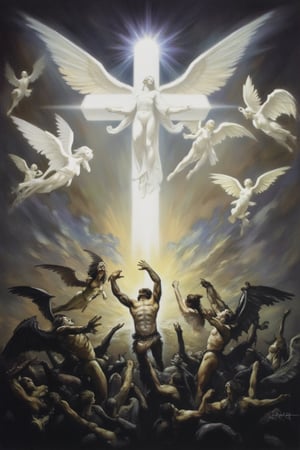 "A dramatic scene of a glowing, floating cross suspended in the sky. Above, radiant angels with pure white wings fly gracefully, their ethereal presence illuminating the area. Below, fallen angels with dark, tattered wings are rising upward, their expressions fierce and desperate as they try to seize the cross. The sky is a mix of light and shadow, reflecting the celestial and infernal forces clashing. The contrast between the angels and the fallen ones is stark, with the former exuding serenity and the latter chaos. The atmosphere is tense, as if a battle between good and evil is about to erupt.",OIL,FANTASY,PAINTING