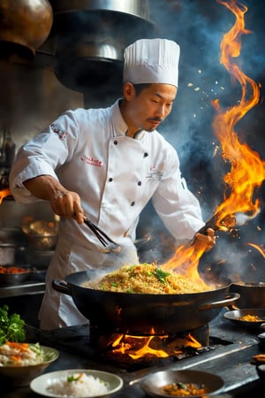 1man,a bustling kitchen where a chef prepares fried rice (chahan) with extraordinary skill and flair. With dynamic movements, the chef expertly tosses the ingredients in a sizzling wok, sending the rice and vegetables dancing through the air. Amidst the sizzle and flames, the aroma fills the air, tantalizing the senses. Despite the fast-paced action, the chef remains calm and focused, effortlessly controlling the cooking process. In this mesmerizing display of culinary mastery, the chahan transforms into a golden delight, leaving all who witness it in awe.",Katon