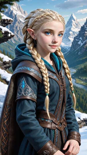 Extreme detailed,ultra Realistic,
beautiful young ELF lady shining blonde hair, long elvish braid, side braid, blue-grey eyes,elf ears,
Wearing leather tunic, hooded cloak, animal fur hood, intricate clothing, animal fur clothing, dark clothing, waistband, scarf, soft smile, bending posture, looking into the distance, 
snowy mountain scenery, overlooking valley, river, white clouds, seen from behind,ol1v1adunne