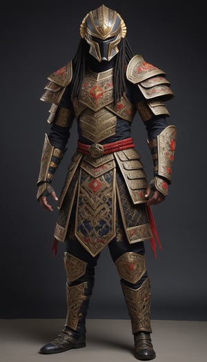 (predator),Yautja Hish,Wearing the traditional attire of a Ukrainian Cossack, the Predator showcases a striking fusion of cultural elements. The intricately embroidered sharovary (wide trousers) and the brightly adorned traditional shirt known as a vyshyvanka create a unique juxtaposition with the Predator's high-tech armor,armour wars ,LegendDarkFantasy