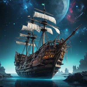 "Decaying medieval galleon floating in vast cosmic expanse. Weathered wooden hull with torn sails billowing in solar wind. Ornate stern castle crumbling, revealing skeletal structure beneath. Tattered flags and banners drifting in zero gravity. Ship's rigging intertwined with floating debris and cosmic dust. Faint glow of bioluminescent space barnacles clinging to hull. Starfield backdrop with colorful nebulae and distant galaxies. Soft light from nearby star casting long shadows across deck. Frozen icicles formed from escaping atmosphere. Hints of advanced technology incongruously grafted onto ship's structure. Dreamy, surreal atmosphere blending historical and sci-fi elements."
