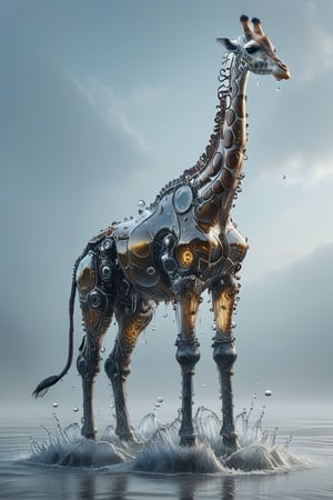 watce, a giraffe made out of water and mechanical gear, standing in the water with bubbles,A giraffe with a gear body wrapped in liquid flesh,Mechanical,intricately constructed 