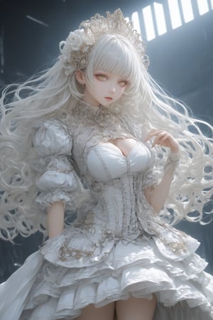 1Girl,anime style,dressed in a cyberpunk-inspired sexy Rococo dress,allowing for lifelike poses,perfect Body figure,large Breasts, Her dress merges the ornate elegance of Rococo with futuristic cyber elements. The fabric is a mix of rich silks and metallic materials, adorned with elaborate lace and digital patterns that glow subtly. The bodice is detailed with delicate ruffles and cybernetic embellishments, while the skirt flares out in layers, combining traditional Rococo volume with sleek,MasterF,sagawa