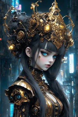 1girl,cyber eyes, hair that glows blue,soft expression
,A girl in a cyber-gothic Lolita outfit, donning an elaborate metallic gold attire, poses in front of a dark, cityscape backdrop. Her dress, adorned with futuristic patterns, ruffles, and intricate lace details, shines like polished armor under dim, blue-ish lighting. Gold-plated lace gloves, choker, and knee-high boots complement her ensemble, exuding a mix of Victorian refinement and high-tech flair. A gold filigree bonnet, complete with mechanical roses, crowns her head, while golden highlights dance across her hair. The overall effect is a striking fusion of elegance and futurism.,FuturEvoLab-lora-mecha,goth person