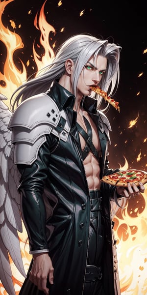 Sephiroth (Final Fantasy),single white wing,one winged angel wing,green glowing eyes,arrogant,manly,confident,eating pizza,dramatic,fire,
